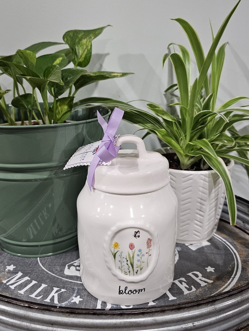 Rae Dunn Artisan Collection Ceramic Canister w/ Lid Handle Bloom Floral White